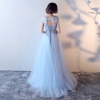 Pink round neck tulle applique long prom dress, evening dress - Thumbnail 3