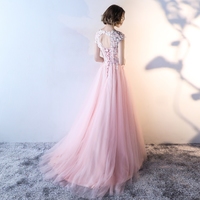 Pink round neck tulle applique long prom dress, evening dress - Thumbnail 4