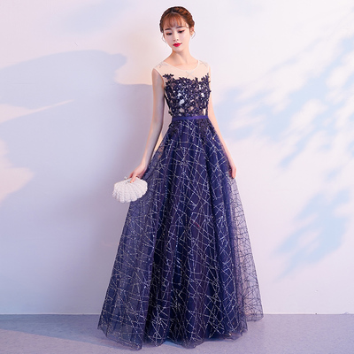 Dark blue sequins applique long prom dress, evening dress - Thumbnail 5