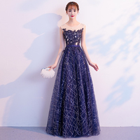 Dark blue sequins applique long prom dress, evening dress - Thumbnail 1