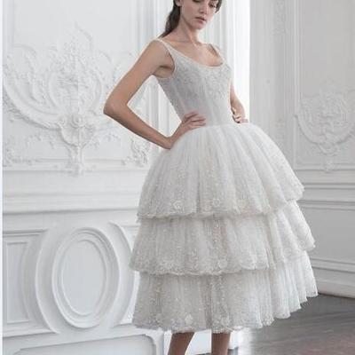 Prom dresses tea length a line formal evening gowns lace appliqued tiered skirts beaded party dress - Thumbnail 5