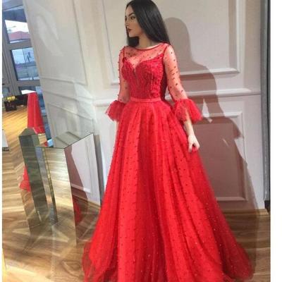 Chic red beaded prom dresses long sleeves sheer bateau neck evening gowns floor length vestidos de fiesta tulle christmas formal dress - Thumbnail 5
