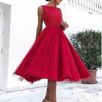 Lace Top Prom Dresses Sleeveless Zipper Back Homecoming Party Gowns Tulle A Line Short Maid of Honor Dress - Thumbnail 1