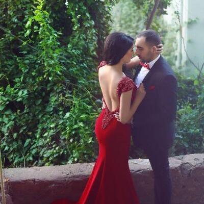 Very sexy prom dresses v neck with beading open back short sleeves mermaid evening dresses long party formal prom gowns vestidos de - Thumbnail 5