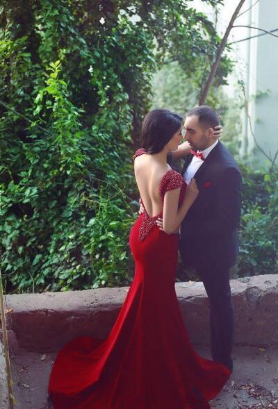 Very Sexy Prom Dresses V Neck With Beading Open Back Short Sleeves Mermaid Evening Dresses Long Party Formal Prom Gowns vestidos de