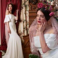 Off Shoulder Mermaid Wedding Dresses 2019 Satin Ruffles Short Sleeve Bridal Gowns Sexy Zipper Back Wedding Dress - Thumbnail 1