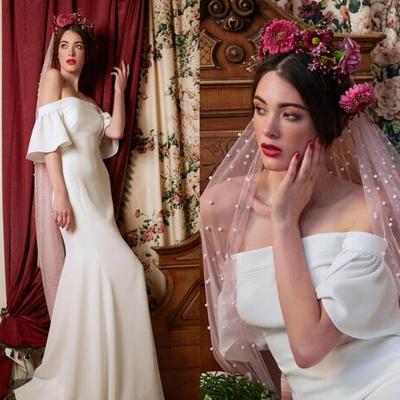 Off shoulder mermaid wedding dresses 2019 satin ruffles short sleeve bridal gowns sexy zipper back wedding dress - Thumbnail 5