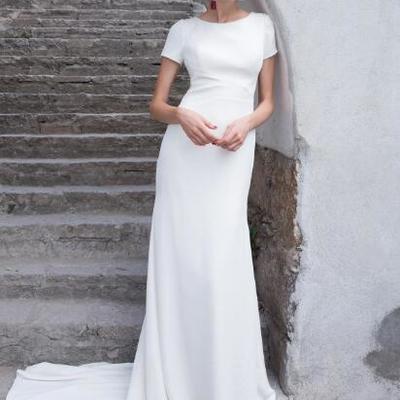 Summer short sleeve wedding dresses jewel neck satin backless mermaid wedding dress with high quality customized bridal gowns - Thumbnail 5