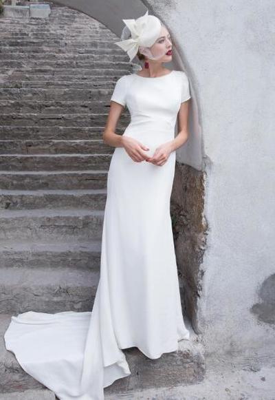 Summer Short Sleeve Wedding Dresses Jewel Neck Satin Backless Mermaid Wedding Dress with High Quality Customized Bridal Gowns
