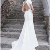 Summer Short Sleeve Wedding Dresses Jewel Neck Satin Backless Mermaid Wedding Dress with High Quality Customized Bridal Gowns - Thumbnail 1