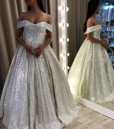 Stunning Silver Sequined Wedding Dresses A Line Off Shoulder Dubai Arabic Elegant Party Celebrity Gowns