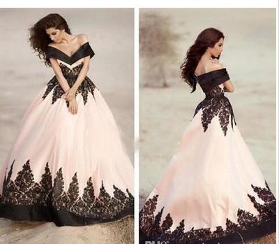 Weddin dresses vintage off shoulder black lace ball gown backless satin cap sleeves formal bridal Gown