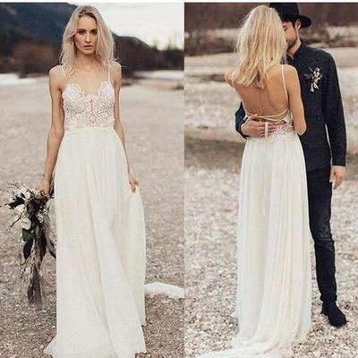 Beach wedding dresses boho bridal gowns spaghetti backless sweep train chiffon lace appliques robes de mariée - Thumbnail 5