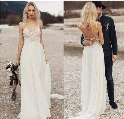 Beach Wedding Dresses Boho Bridal Gowns Spaghetti Backless Sweep Train Chiffon Lace Appliques Robes De Mariée