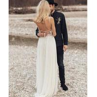 Beach Wedding Dresses Boho Bridal Gowns Spaghetti Backless Sweep Train Chiffon Lace Appliques Robes De Mariée - Thumbnail 2