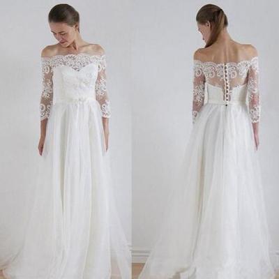 Off shoulder wedding dresses 3/4 sleeves covered button sweep train tulle lace plus size bridal gowns robe de mariée - Thumbnail 5