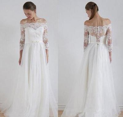 Off Shoulder Wedding Dresses 3/4 Sleeves Covered Button Sweep Train Tulle Lace Plus Size Bridal Gowns Robe De Mariée