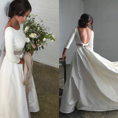 Simple beach wedding dresses boho bridal gowns scoop long sleeve wedding dresses beaded champagne sash robes de mariée - Thumbnail 5