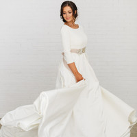 Simple Beach Wedding Dresses Boho Bridal Gowns Scoop Long Sleeve Wedding Dresses Beaded Champagne Sash Robes De Mariée - Thumbnail 3