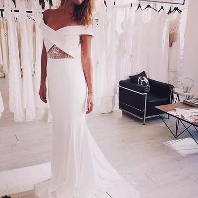 Simple beach wedding dresses boho bridal gowns off the shoulder lace accents wedding dresses  - Thumbnail 5