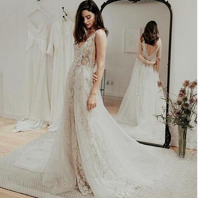 Simple beach wedding dresses boho bridal gowns sexy deep v neck delicate lace side slit wedding dresses  - Thumbnail 5