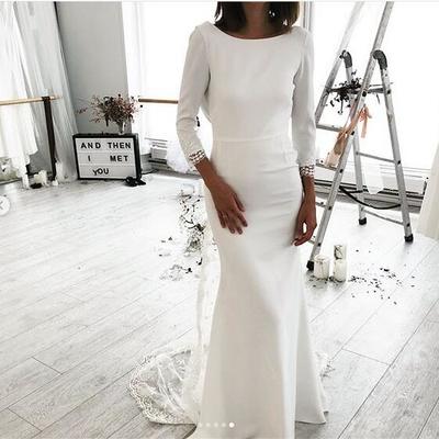 Simple beach wedding dresses boho bridal gowns sexy deep crew neck delicate lace side slit wedding dresses  - Thumbnail 4