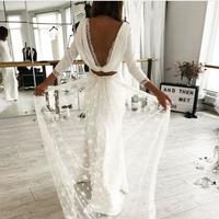 Simple Beach Wedding Dresses Boho Bridal Gowns Sexy Deep Crew Neck Delicate Lace Side Slit Wedding Dresses  - Thumbnail 1