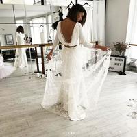Simple Beach Wedding Dresses Boho Bridal Gowns Sexy Deep Crew Neck Delicate Lace Side Slit Wedding Dresses  - Thumbnail 4