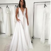Simple Beach Wedding Dresses Boho Bridal Gowns Sexy Deep V Neck Sheer Back Delicate Lace Wedding Dresses  - Thumbnail 1