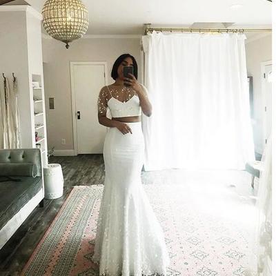 Simple beach wedding dresses boho bridal gowns two pieces mermaid delicate lace wedding dresses  - Thumbnail 5