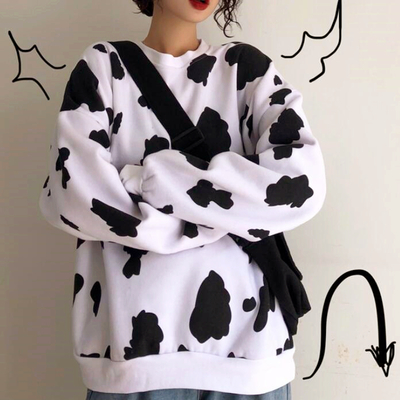 Harajuku cow printed fleece sweatshirt