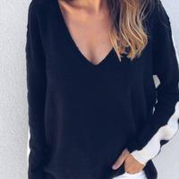 V-Neck Stitching Knit Sweater - Thumbnail 3