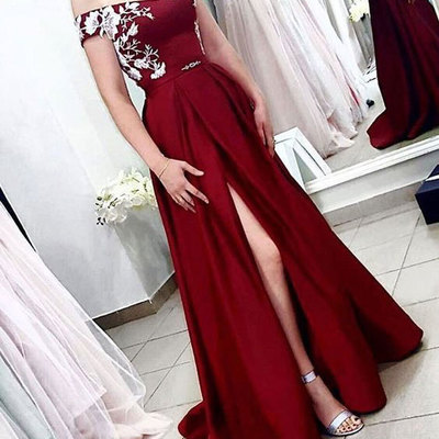 Off the shoulder split sdie burgundy prom dresses - Thumbnail 5