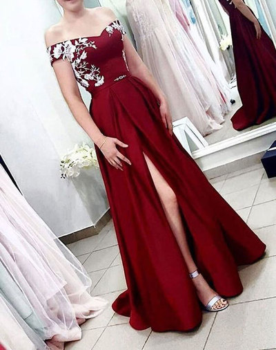 Off the Shoulder Split Sdie Burgundy Prom Dresses