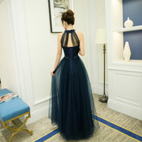 Dark blue high neck tulle lace long prom dress, evening dress - Thumbnail 2