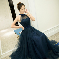 Dark blue high neck tulle lace long prom dress, evening dress - Thumbnail 3