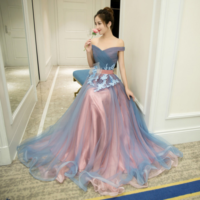 Elegant v neck tulle lace long prom dress, off shoulder evening dress - Thumbnail 5