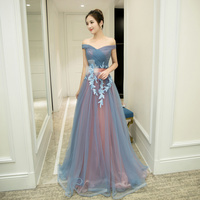 Elegant v neck tulle lace long prom dress, off shoulder evening dress - Thumbnail 1