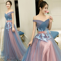 Elegant v neck tulle lace long prom dress, off shoulder evening dress - Thumbnail 2
