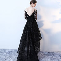 Black lace high low prom dress, long sleeve evening dress - Thumbnail 4