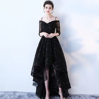 Black lace high low prom dress, long sleeve evening dress - Thumbnail 2