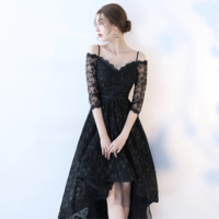 Black lace high low prom dress, long sleeve evening dress - Thumbnail 1