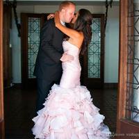 Romantic Ruffles Sweetheart Neckline Lace-up Back Brides Gowns Shiny Crystals Glamorous Blush Pink Organza Mermaid Wedding Dresses - Thumbnail 2