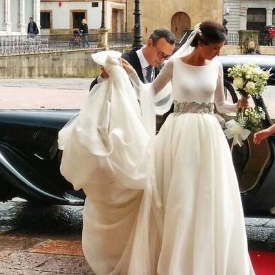 Ivory A Line Wedding Dresses Crew Neck Sheer Long Sleeve Grey Appliques Belt Bridal Gowns