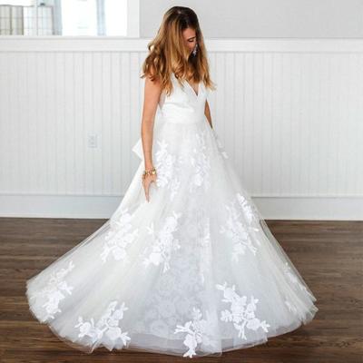 Vintage Off White Lace Tulle Backless V-neck A-line Wedding Dresses