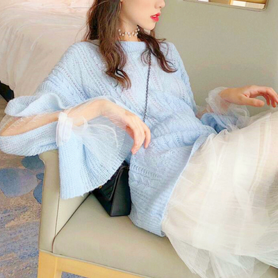 Sweet lace sleeve patchwork knit sweater