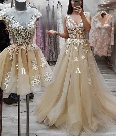 Champagne Short/Long Prom Dresses with Appliques