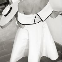 Fashionable Satin Off-the-shoulder Neckline Tea-length A-line Wedding Dress  - Thumbnail 1