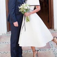 Fashionable Satin Off-the-shoulder Neckline Tea-length A-line Wedding Dress  - Thumbnail 2