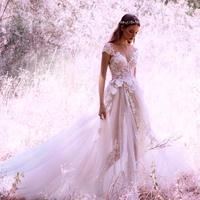 Sexy Wedding Dresses V-neck Appliques Sweep/Brush Train Bridal Gown - Thumbnail 1